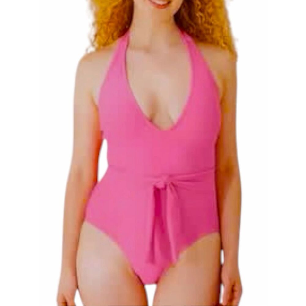 SHADE & SHORE NWT Pink Halter Plunge Belted One-Piece Swimsuit Medium (8-10)